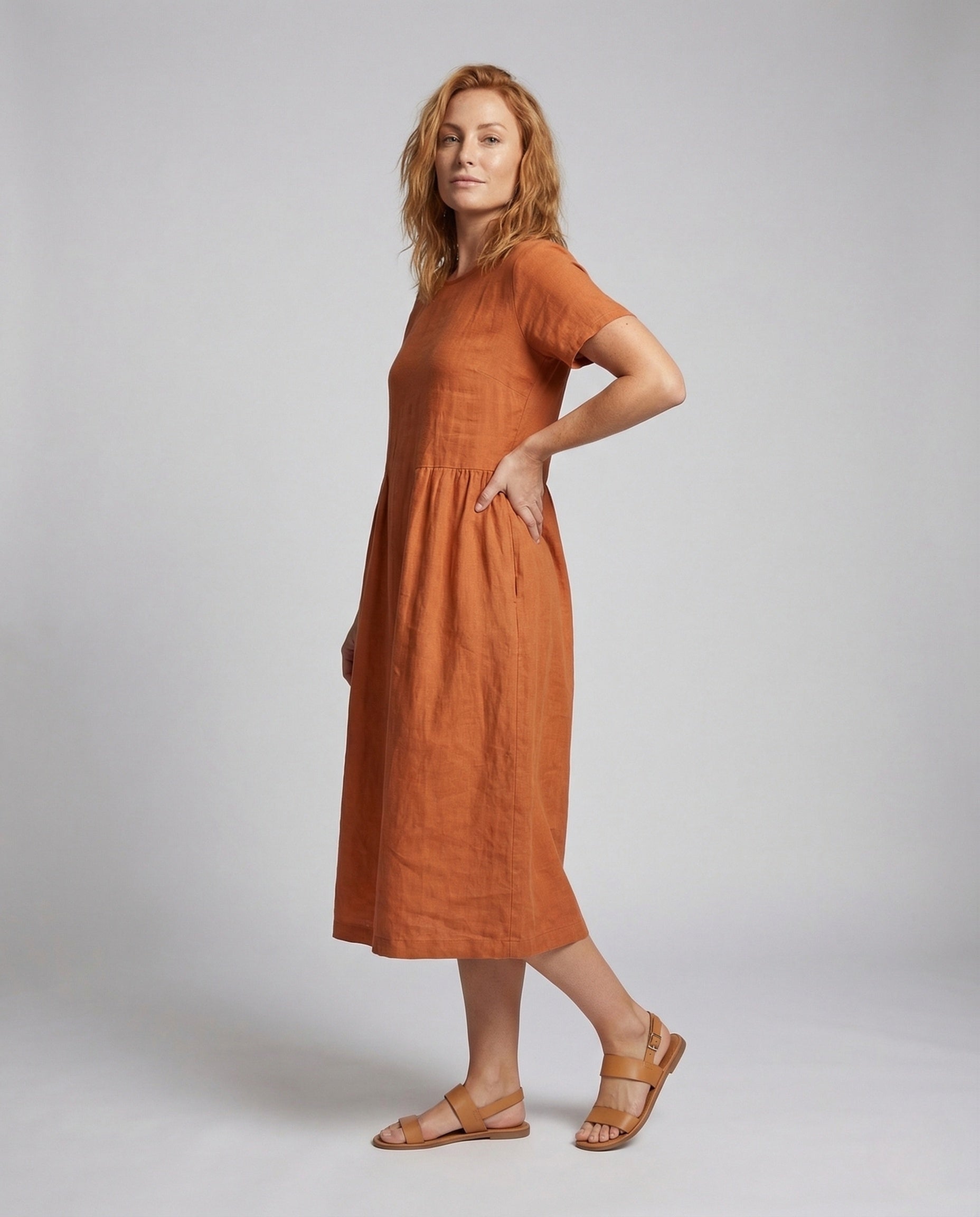Damen Leinenkleid Mit Taschen Baumwolle Midi - Eveloria
