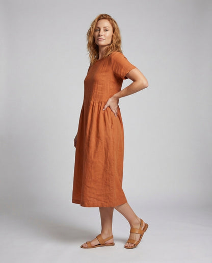 Damen Leinenkleid Mit Taschen Baumwolle Midi - Eveloria