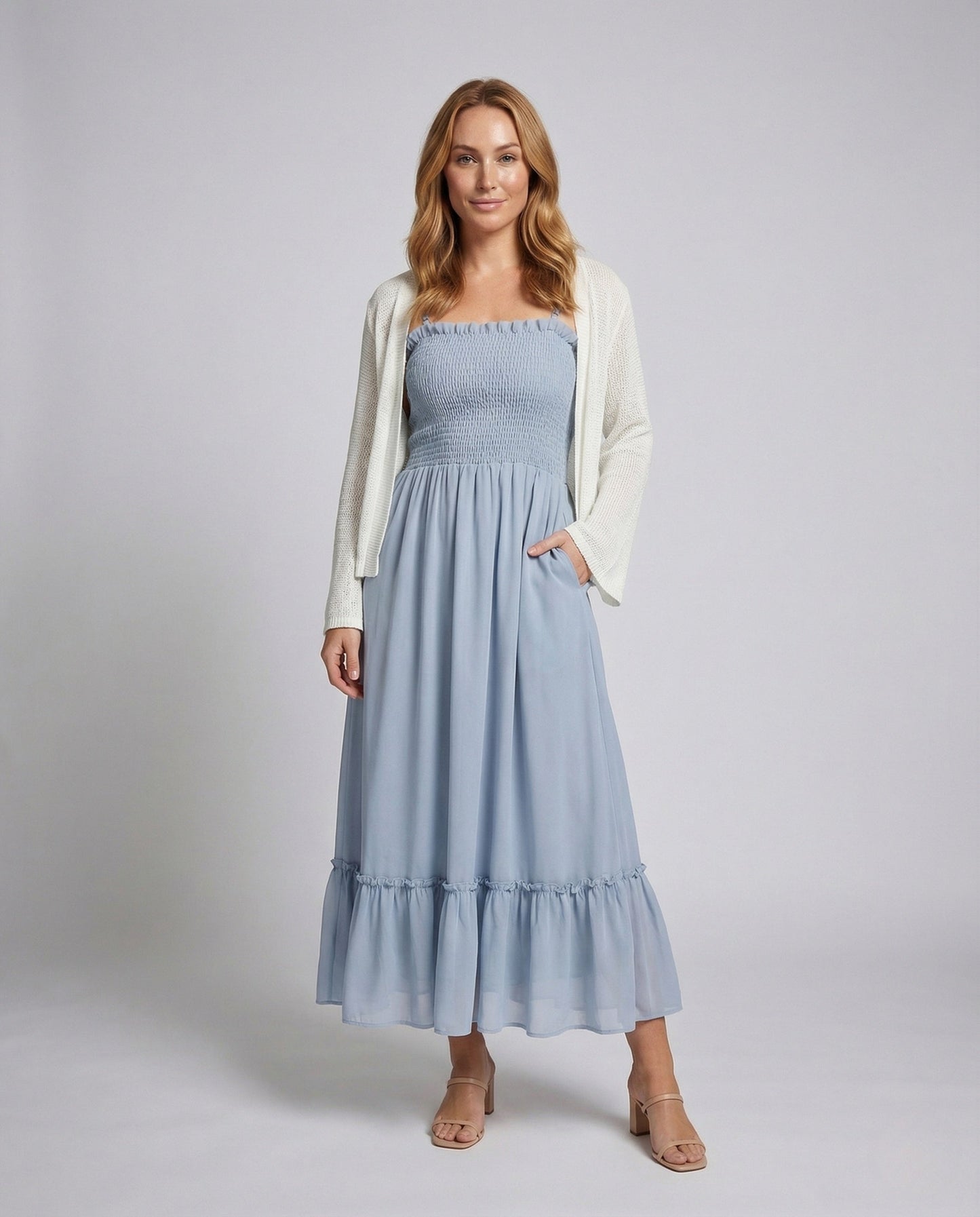 Damen Midikleid Strick Überwurf Langärmlig Beige - Eveloria