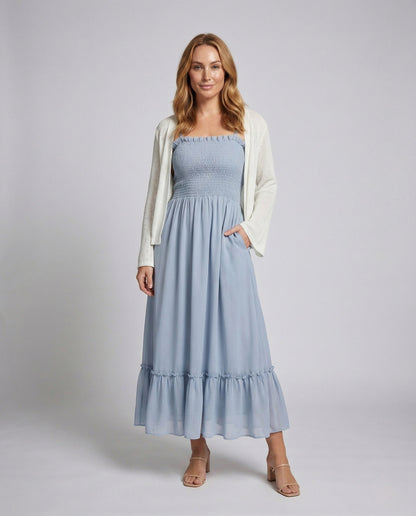 Damen Midikleid Strick Überwurf Langärmlig Beige - Eveloria