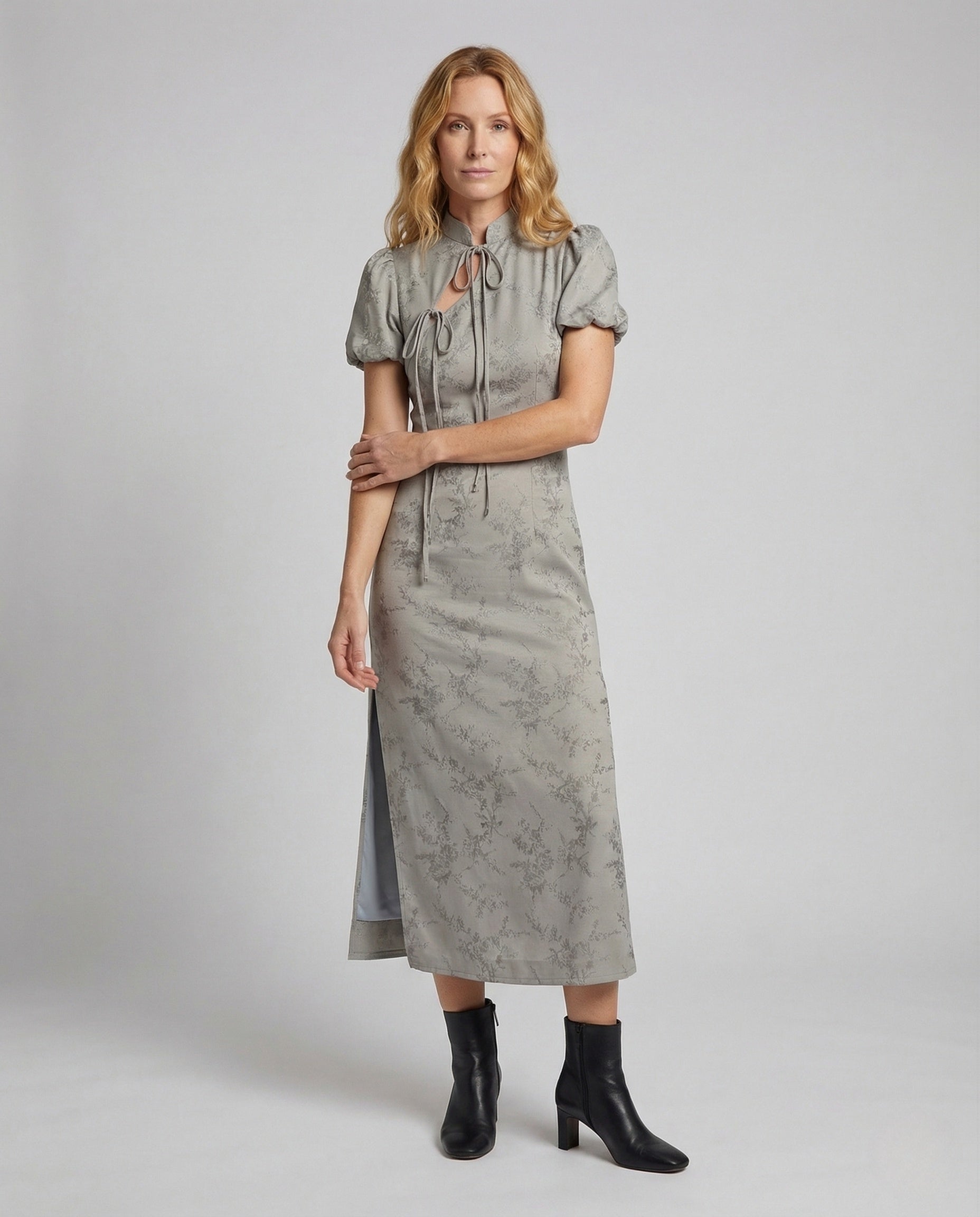 Damen Maxikleid Jacquard Stehkragen - Eveloria