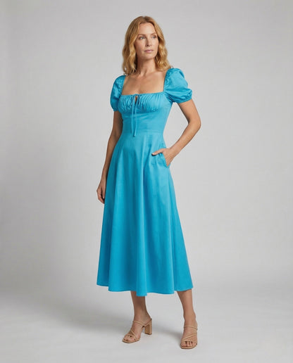 Damen Midikleid A-Linie Puffärmel - Eveloria