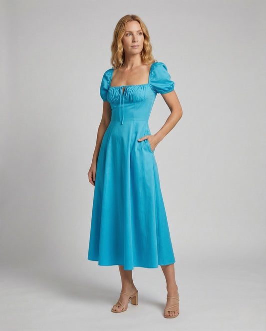 Damen Midikleid A-Linie Puffärmel - Eveloria