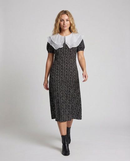 Damen Midikleid Doppelkragen Baumwolle Schwarz - Eveloria