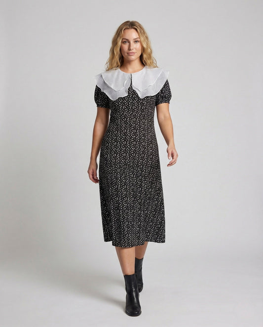 Damen Midikleid Doppelkragen Baumwolle Schwarz - Eveloria