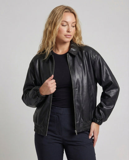 Damen Oversize Utility Jacke aus Kunstleder Schwarz - Eveloria