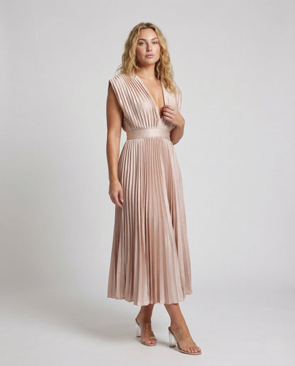 Damen Midikleid Plissee V-Ausschnitt - Eveloria