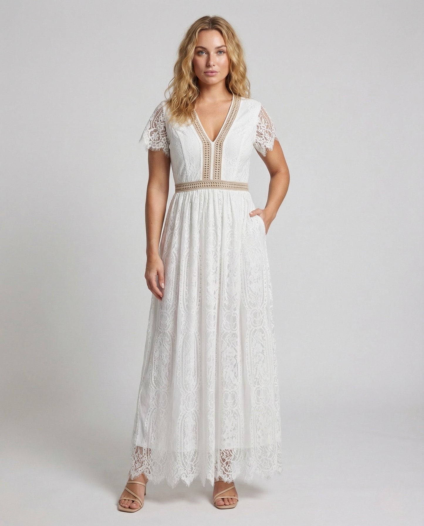 Damen Maxikleid Spitze Flügelärmel - Eveloria
