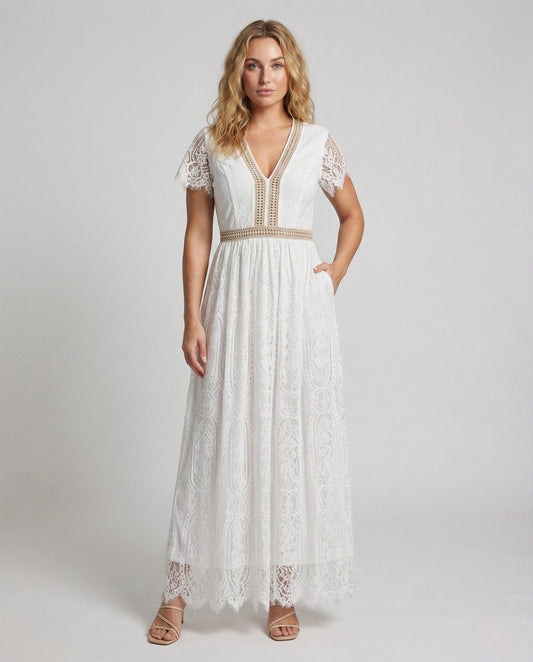 Damen Maxikleid Spitze Flügelärmel - Eveloria