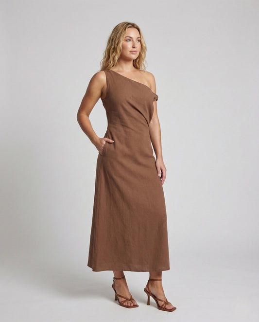 Damen Maxikleid Leinenoptik Schulterfrei Sommerkleid - Eveloria