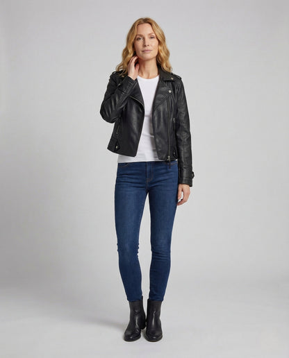Damen Bikerjacke Tailliert Kunstleder Schwarz - Eveloria
