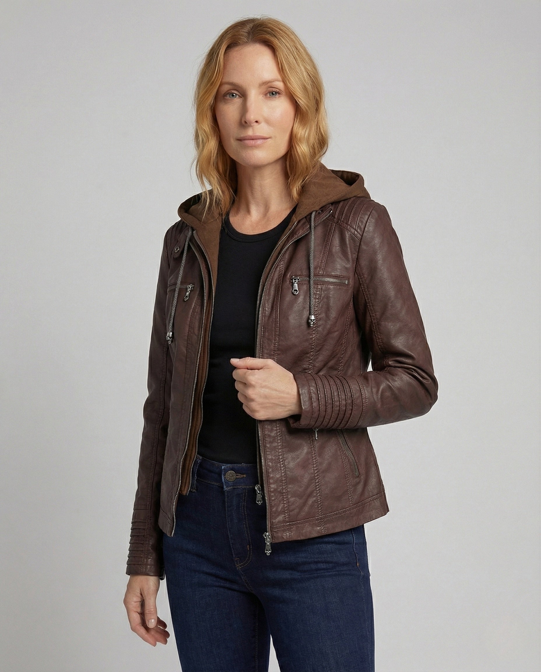 Damen Kunstlederjacke Kapuze Schwarz - Eveloria