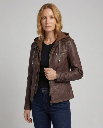 Damen Kunstlederjacke Kapuze Schwarz - Eveloria