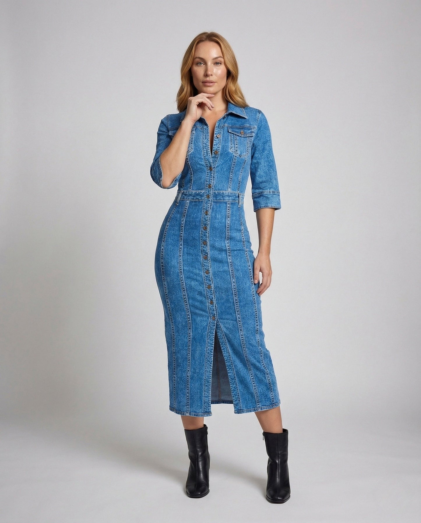 Damen Midikleid Jeans Mit Knöpfen Blau - Eveloria
