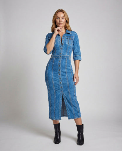 Damen Midikleid Jeans Mit Knöpfen Blau - Eveloria
