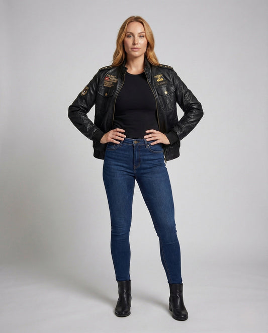 Damen Lederjacke Retro Optik Schwarz - Eveloria