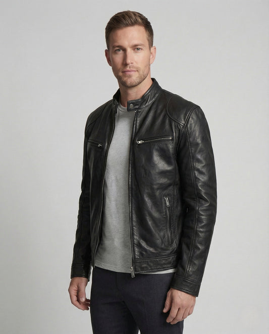 Herren Lederjacke Racer Style Schwarz Lederschutz - Eveloria
