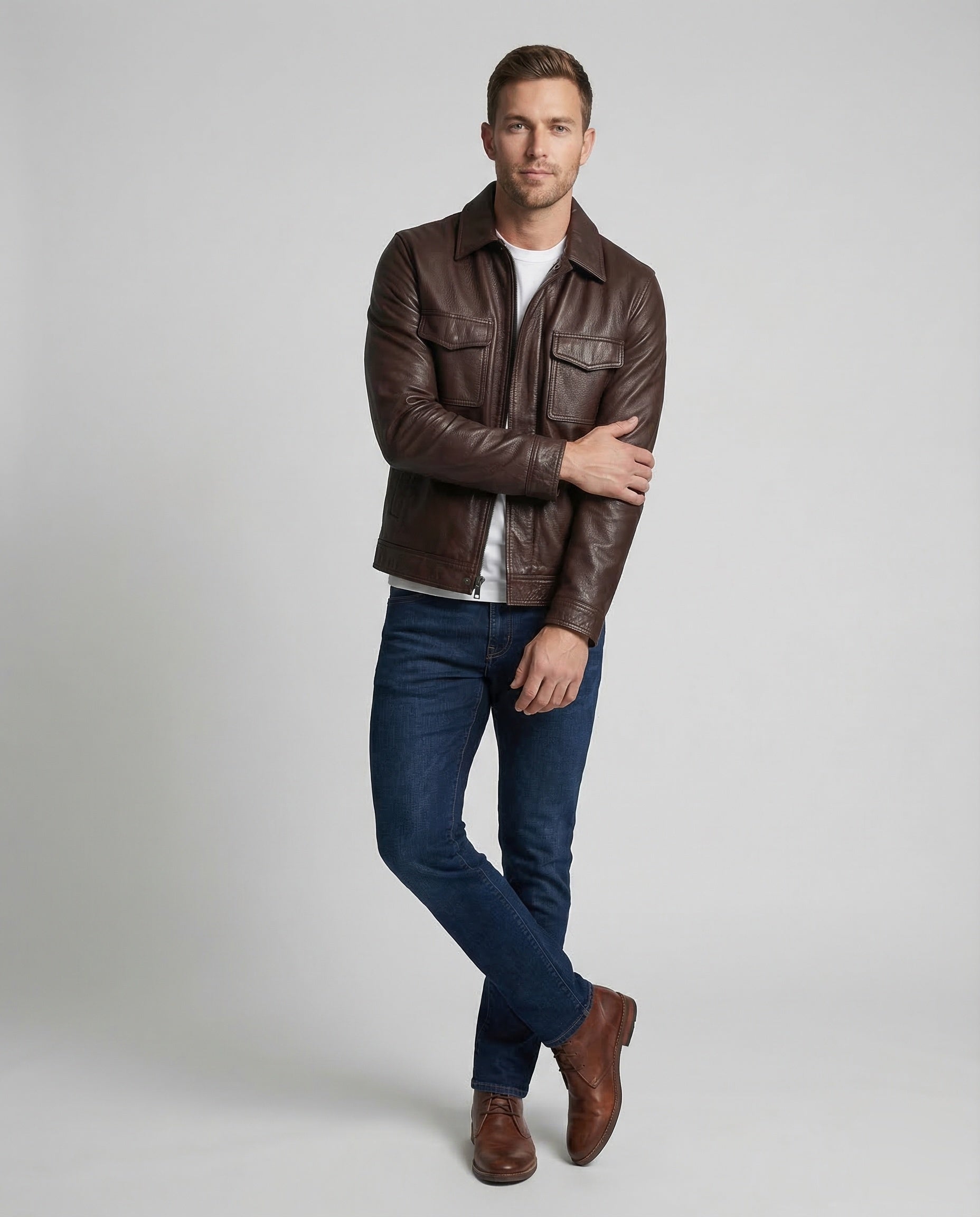 Herren Lederjacke Hemdkragen Leder Schwarz - Eveloria