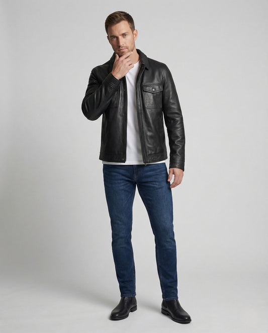 Herren Lederfliegerjacke Echtleder Schwarz - Eveloria