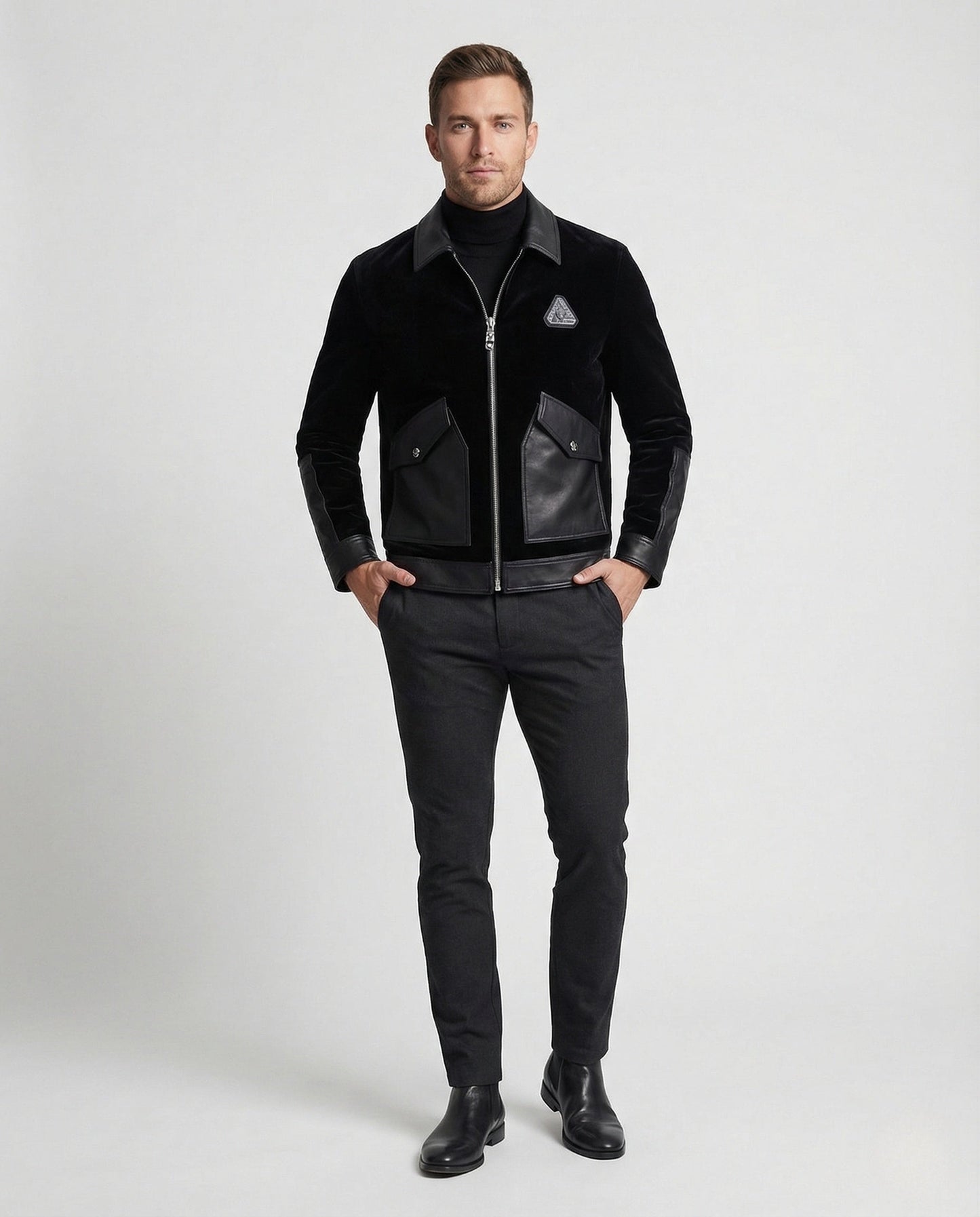 Herren Samtjacke Lederbesatz Schwarz - Eveloria