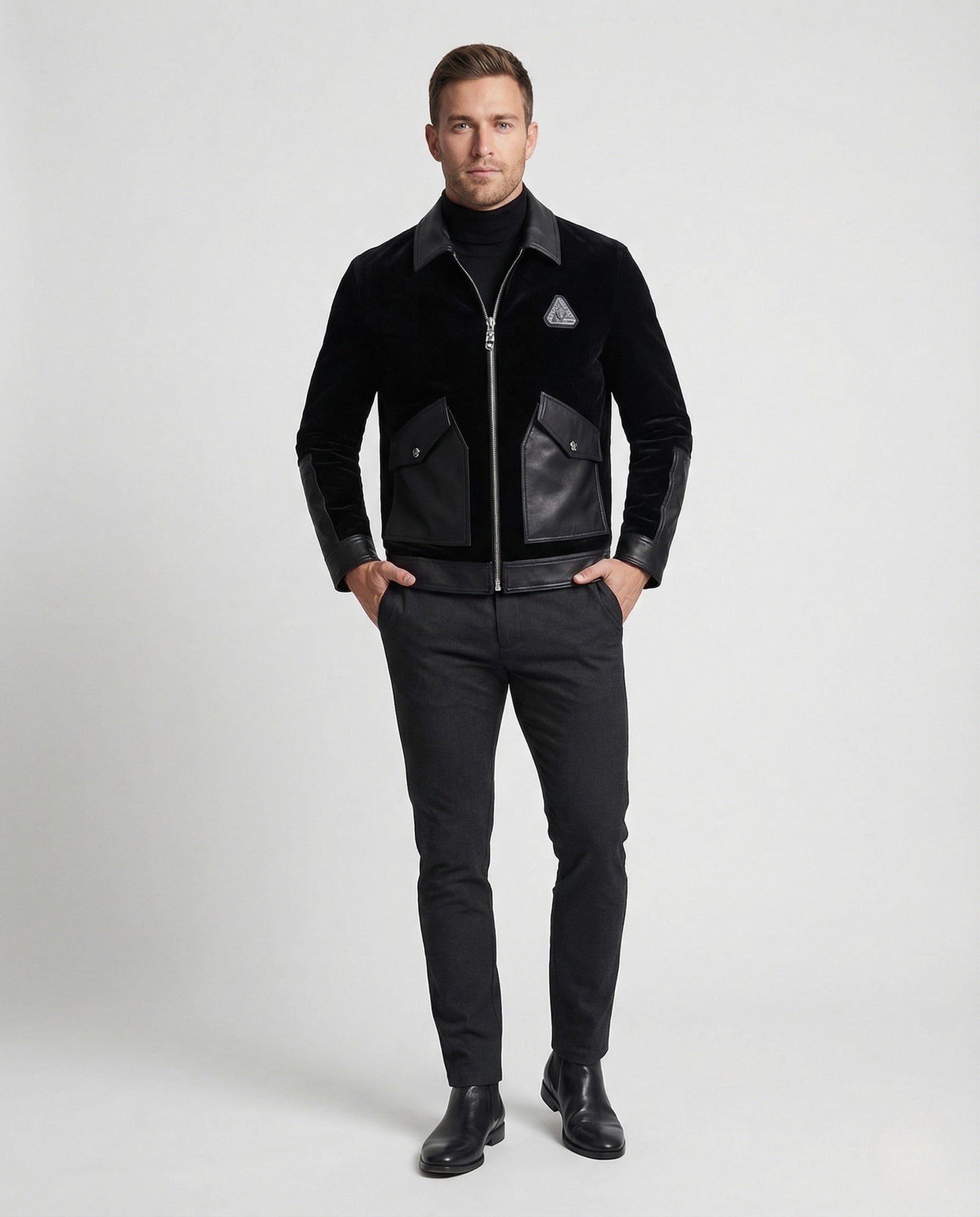 Herren Samtjacke Lederbesatz Schwarz - Eveloria