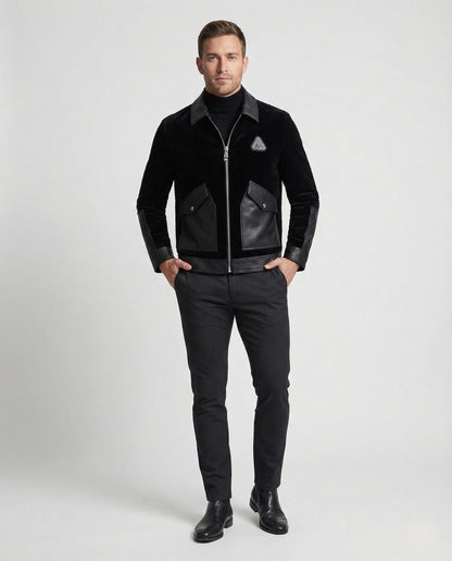 Herren Samtjacke Lederbesatz Schwarz - Eveloria