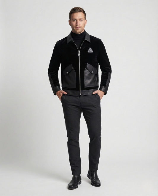 Herren Samtjacke Lederbesatz Schwarz - Eveloria
