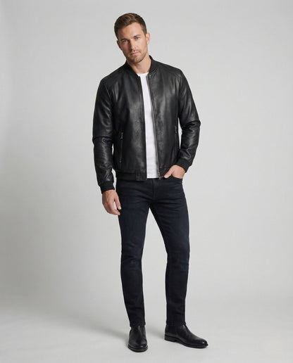 Herren Bomberjacke Kunstleder Slim Fit Schwarz - Eveloria