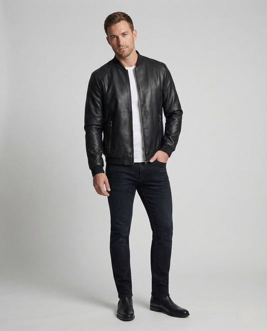 Herren Bomberjacke Kunstleder Slim Fit Schwarz - Eveloria