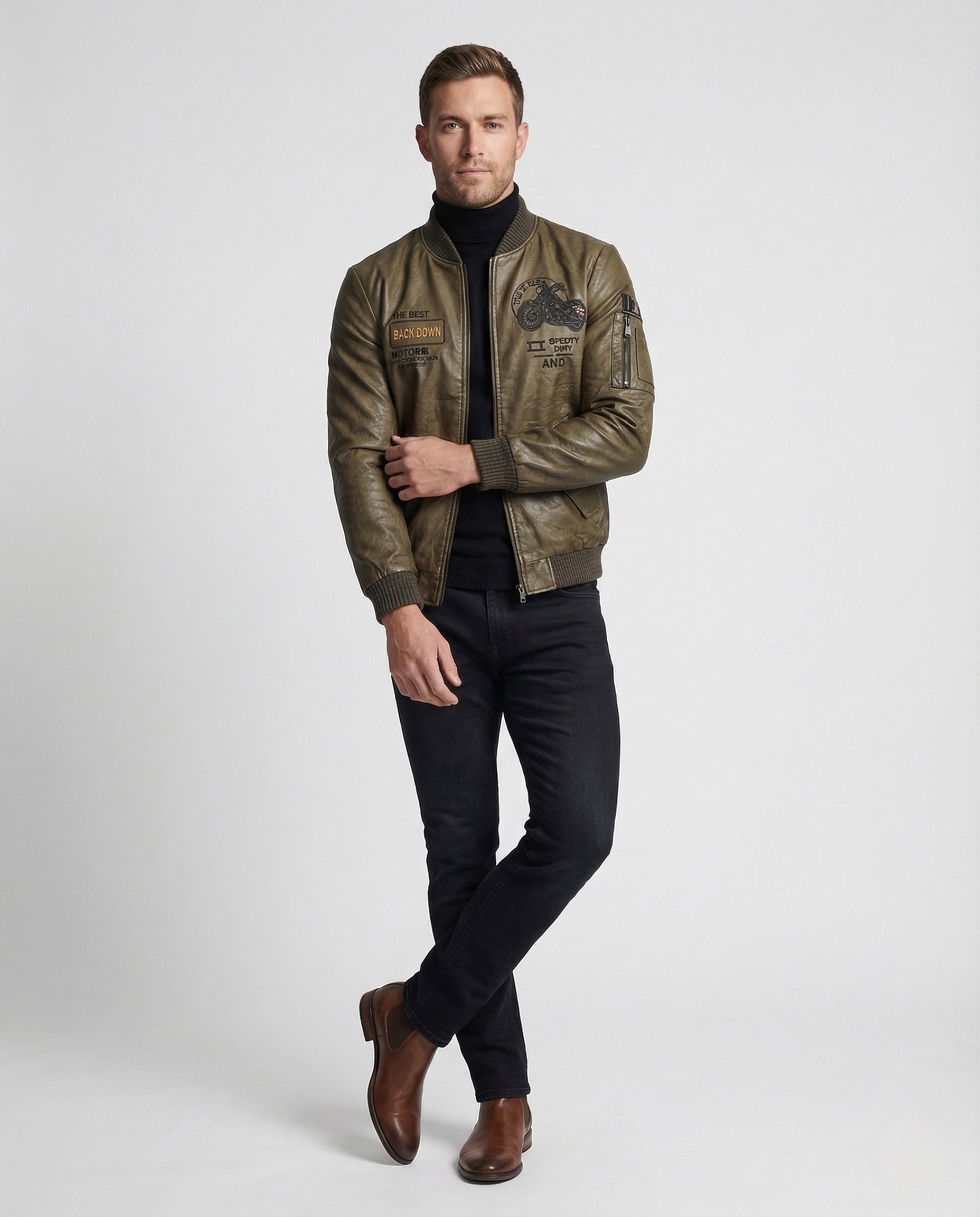 Herren Lederjacke Fliegerstyle Lederoptik Schwarz - Eveloria