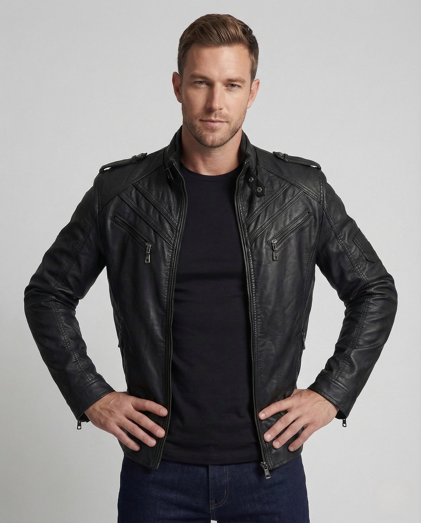 Herren Motorradjacke Kunstleder Schwarz - Eveloria