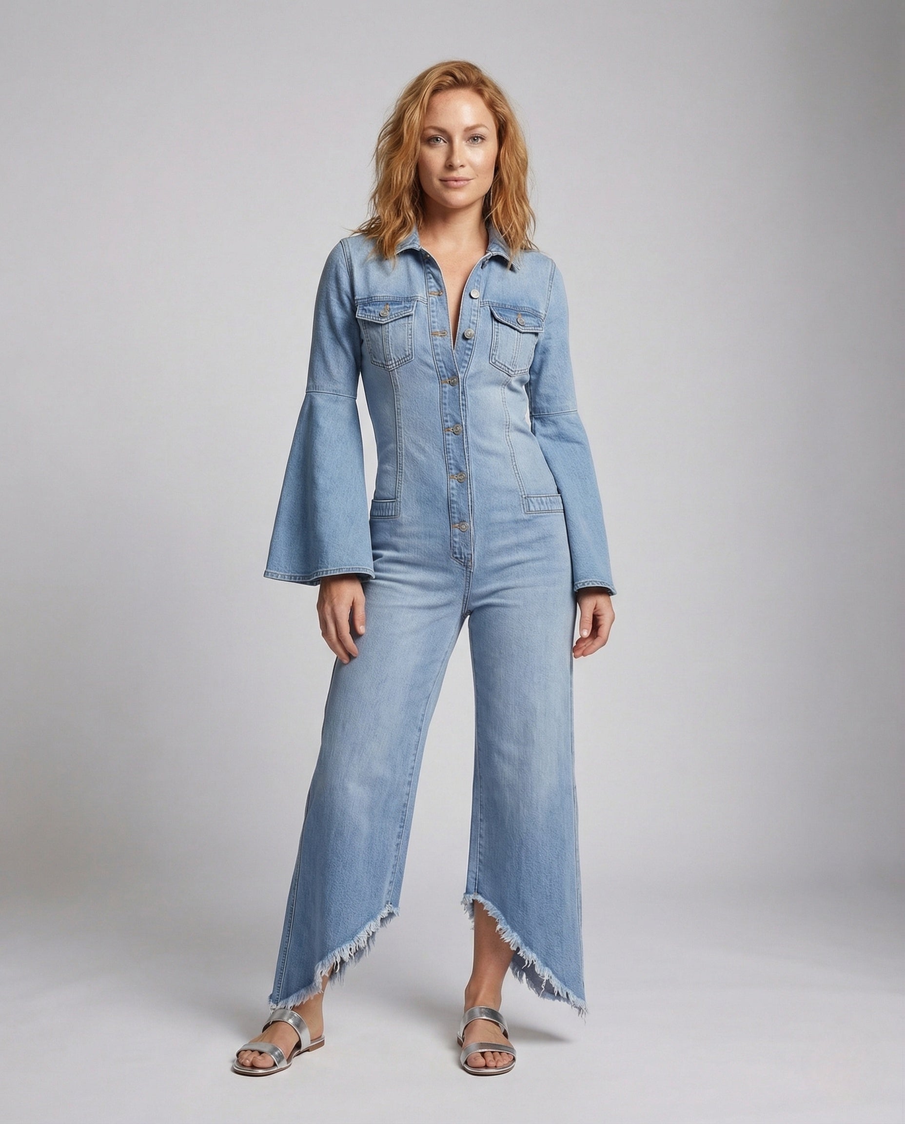 Damen Denim-Overall mit Trompetenärmeln - Eveloria