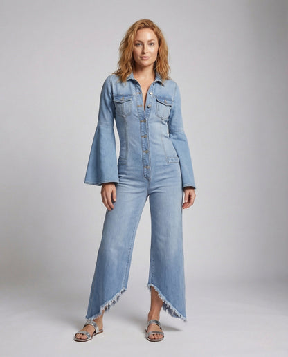 Damen Denim-Overall mit Trompetenärmeln - Eveloria