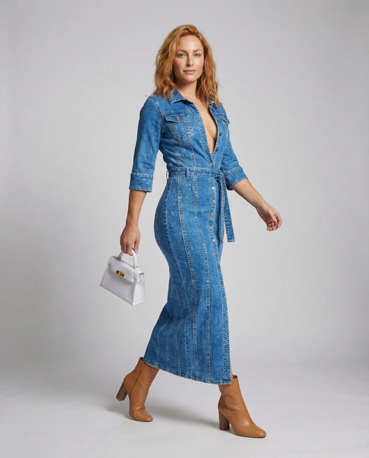 Damen Midikleid Jeansoptik Knopfleiste Blau - Eveloria