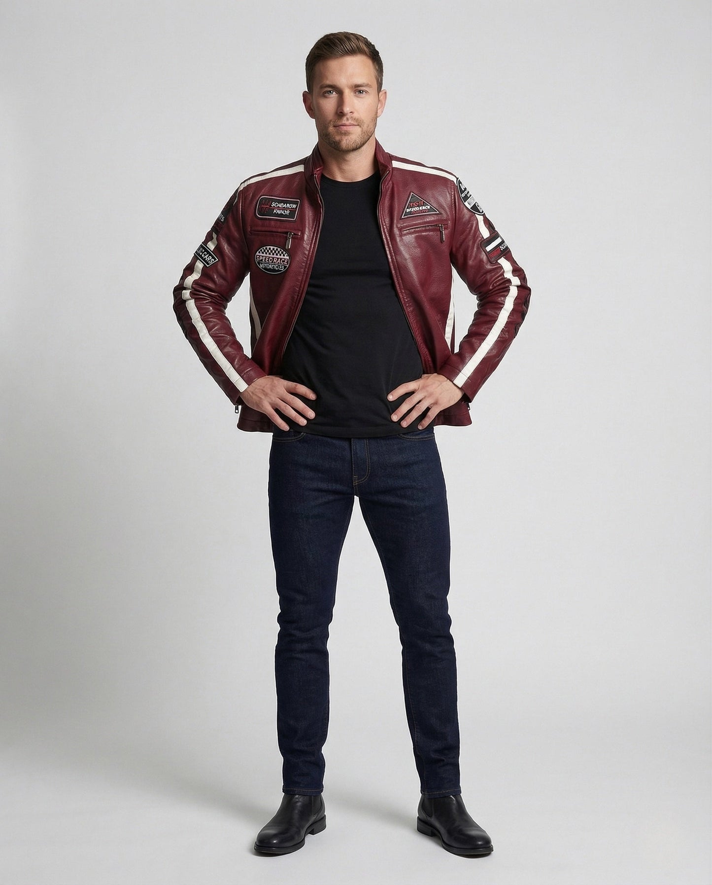 Herren Motorradblouson Leder mit Logo-Patches Schwarz - Eveloria