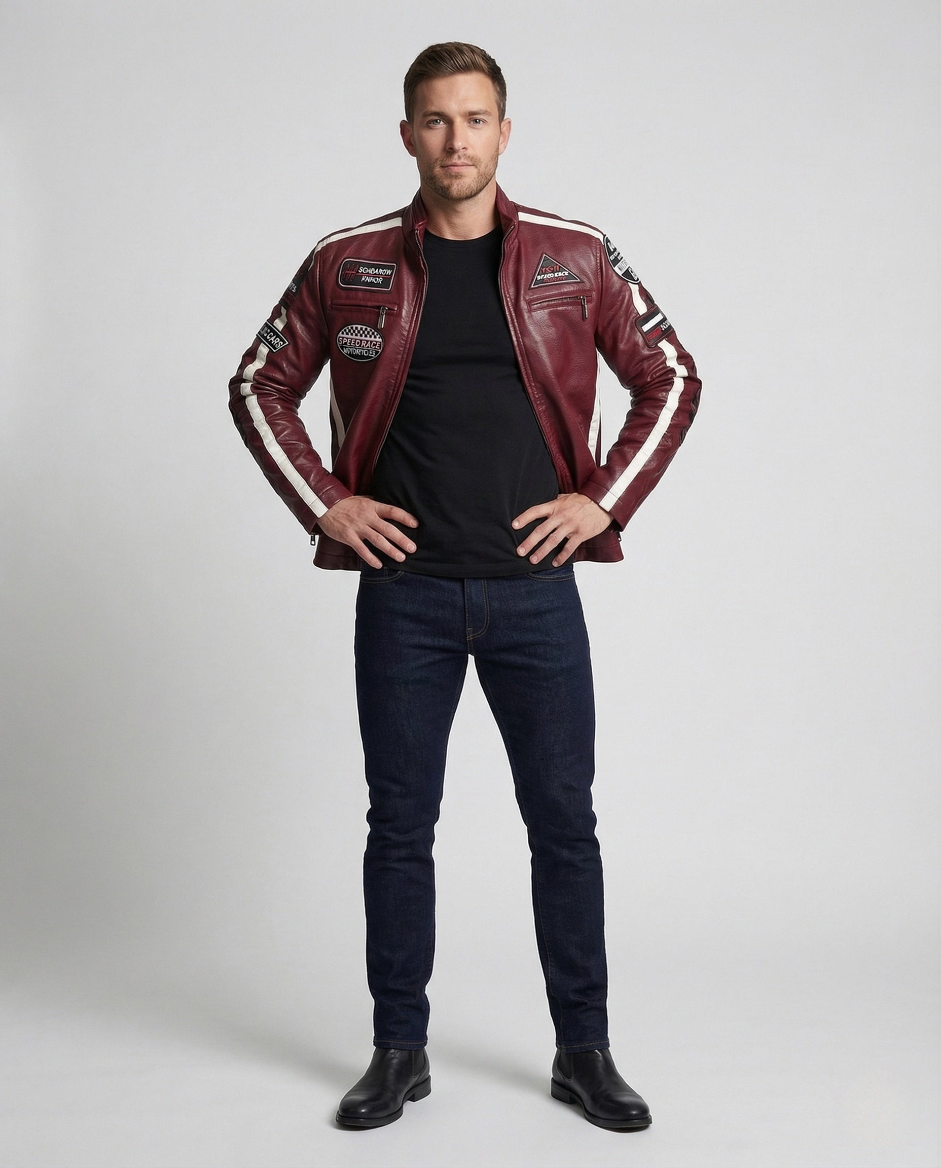 Herren Motorradblouson Leder mit Logo-Patches Schwarz - Eveloria