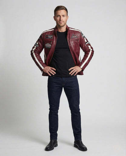 Herren Motorradblouson Leder mit Logo-Patches Schwarz - Eveloria