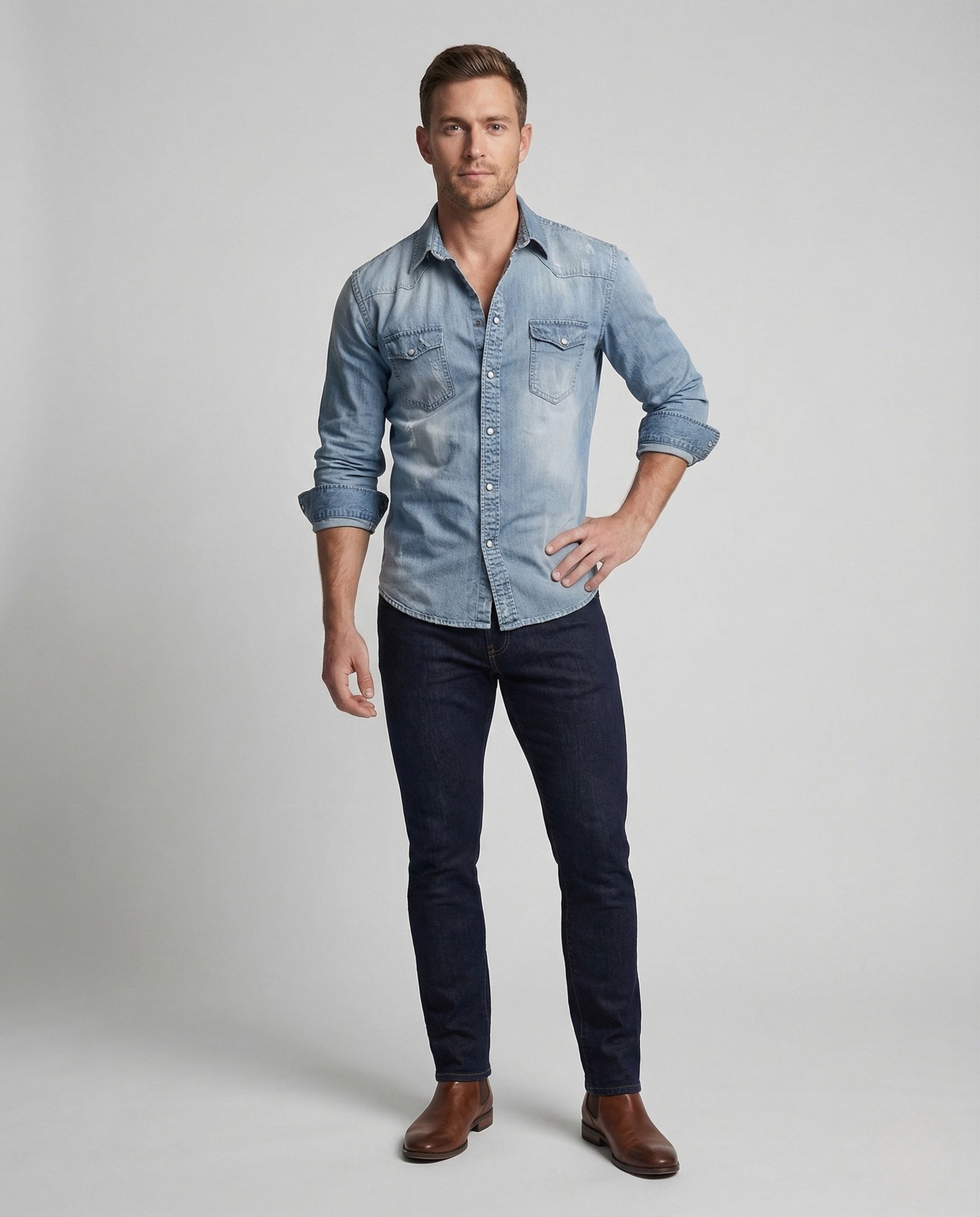 Herren Westernhemd Stretch Denim Kontrastnähte - Eveloria