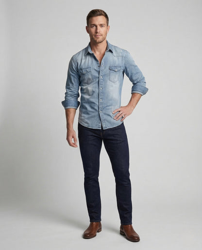 Herren Westernhemd Stretch Denim Kontrastnähte - Eveloria