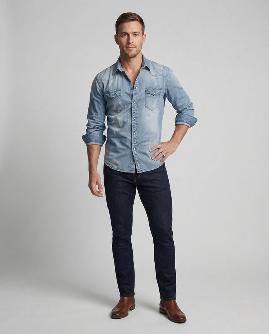 Herren Westernhemd Stretch Denim Kontrastnähte - Eveloria