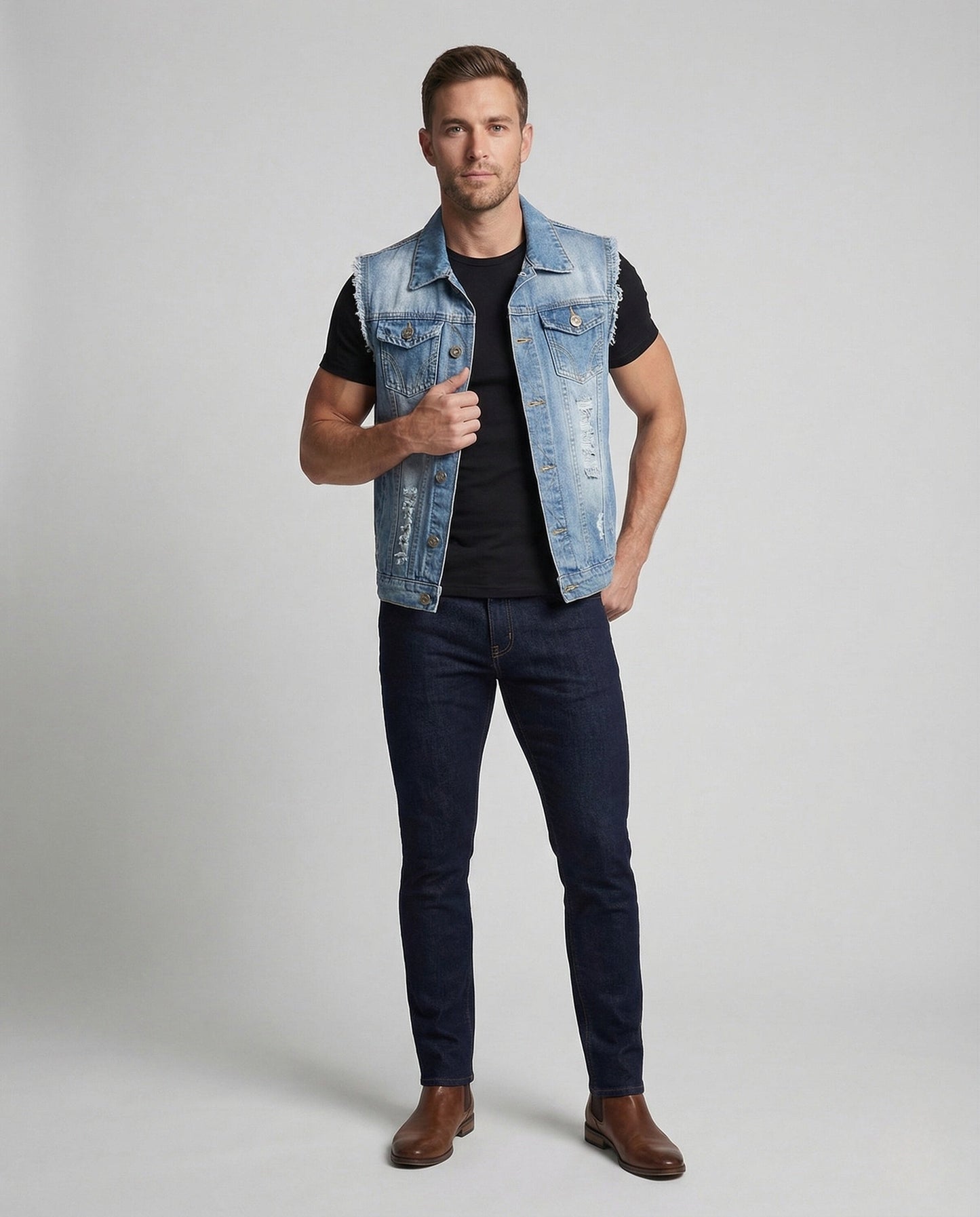 Herren Jeansweste Ärmellos Used Look Denim - Eveloria