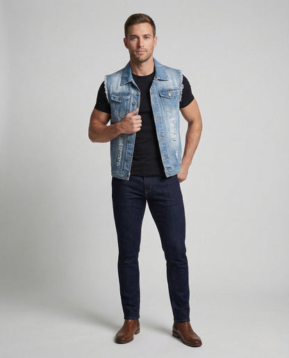 Herren Jeansweste Ärmellos Used Look Denim - Eveloria