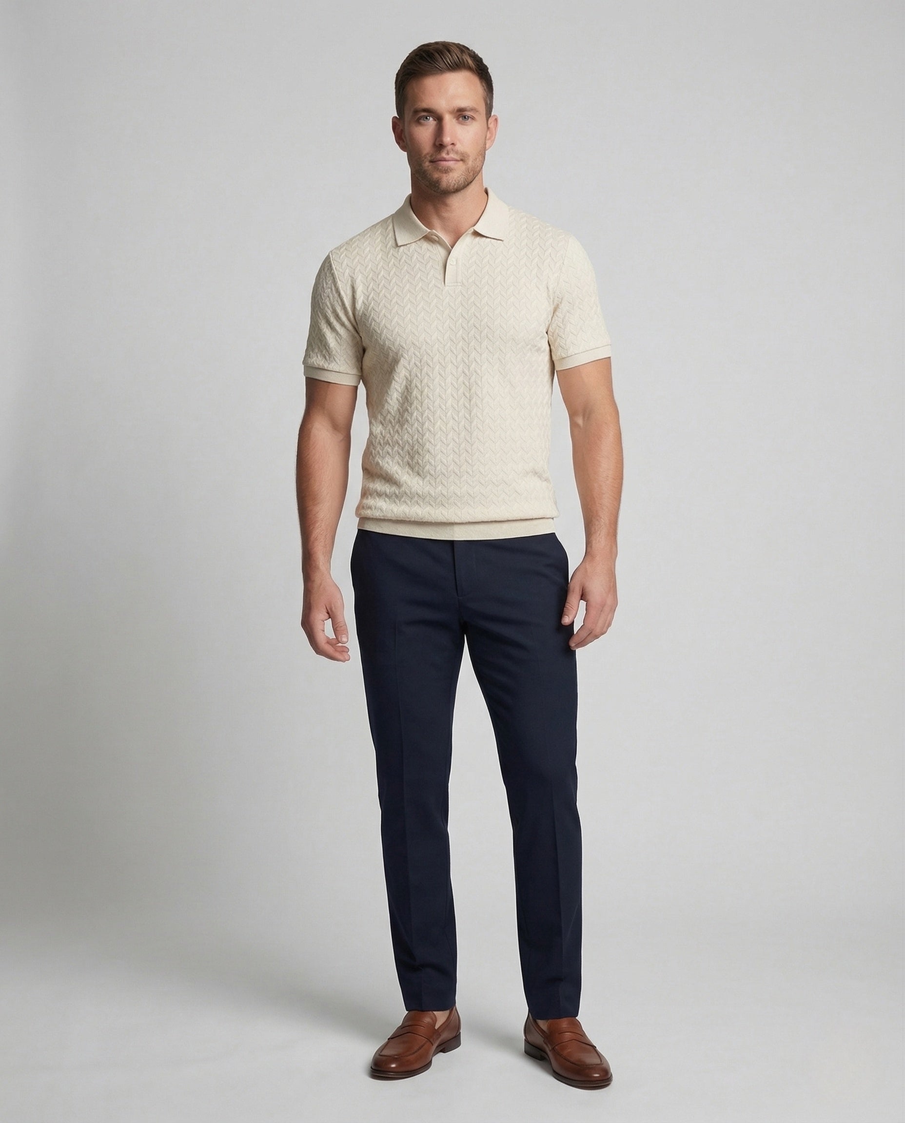 Herren Poloshirt Feinstrick V-Ausschnitt Weiß - Eveloria