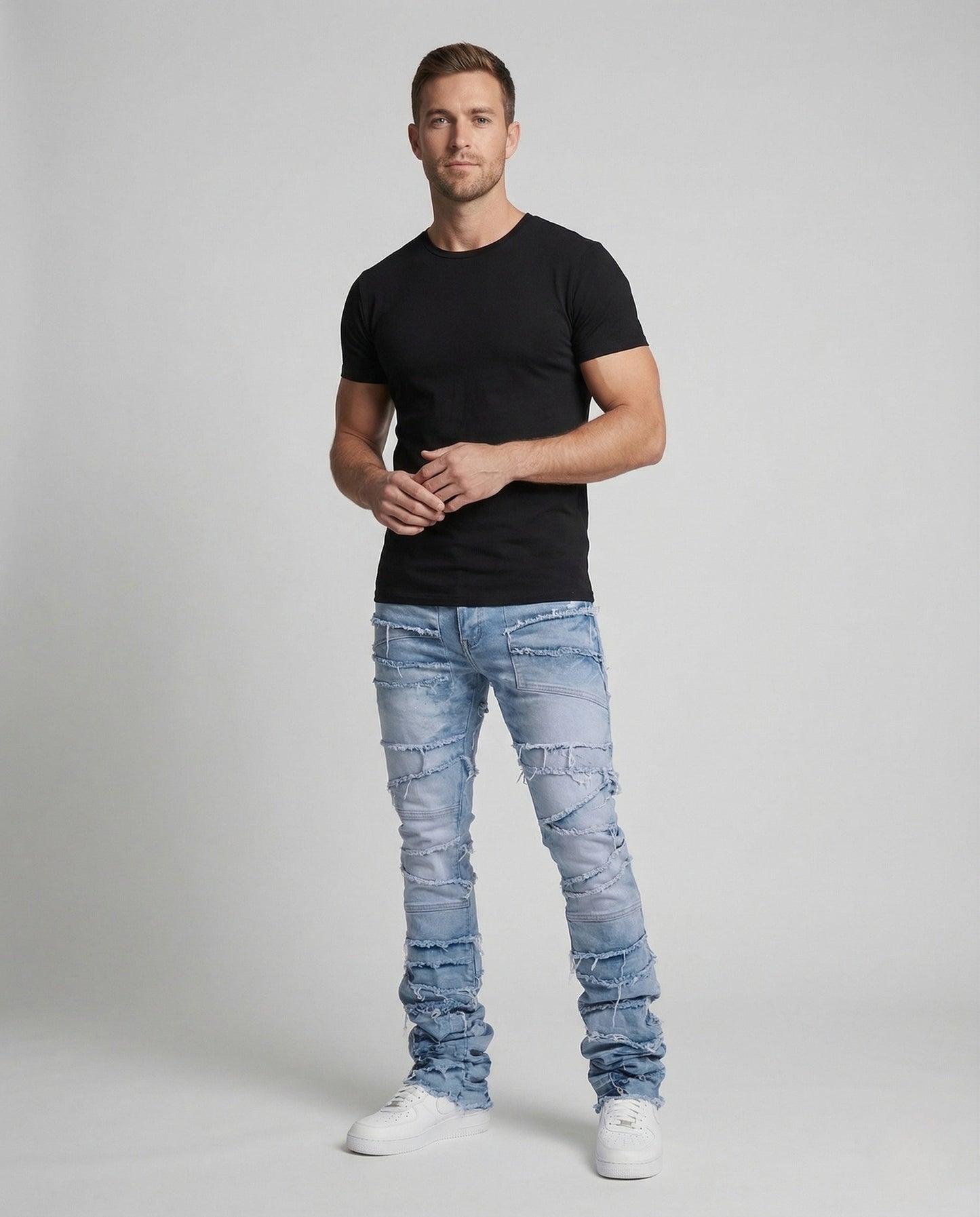 Herren Slimfit Jeans Patchwork Fransen Dunkelblau - Eveloria