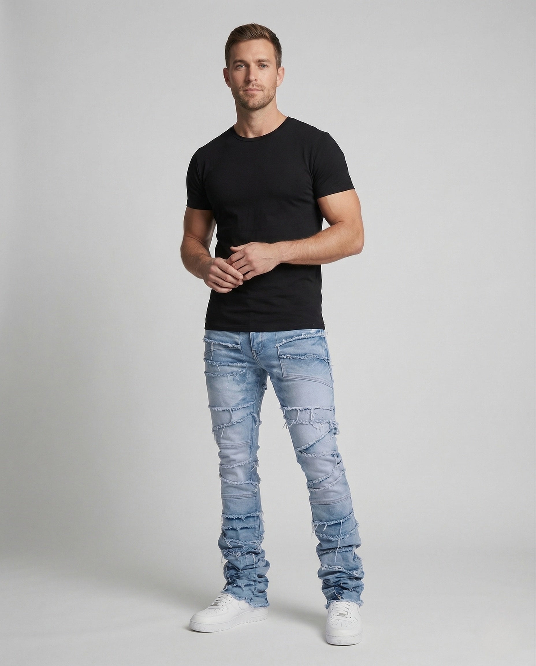 Herren Slimfit Jeans Patchwork Fransen Dunkelblau - Eveloria
