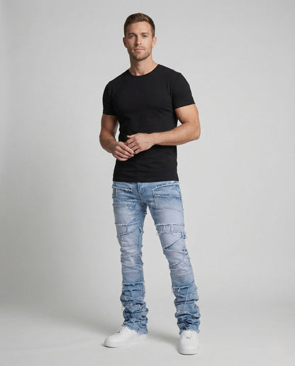 Herren Slimfit Jeans Patchwork Fransen Dunkelblau - Eveloria