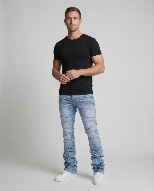 Herren Slimfit Jeans Patchwork Fransen Dunkelblau - Eveloria