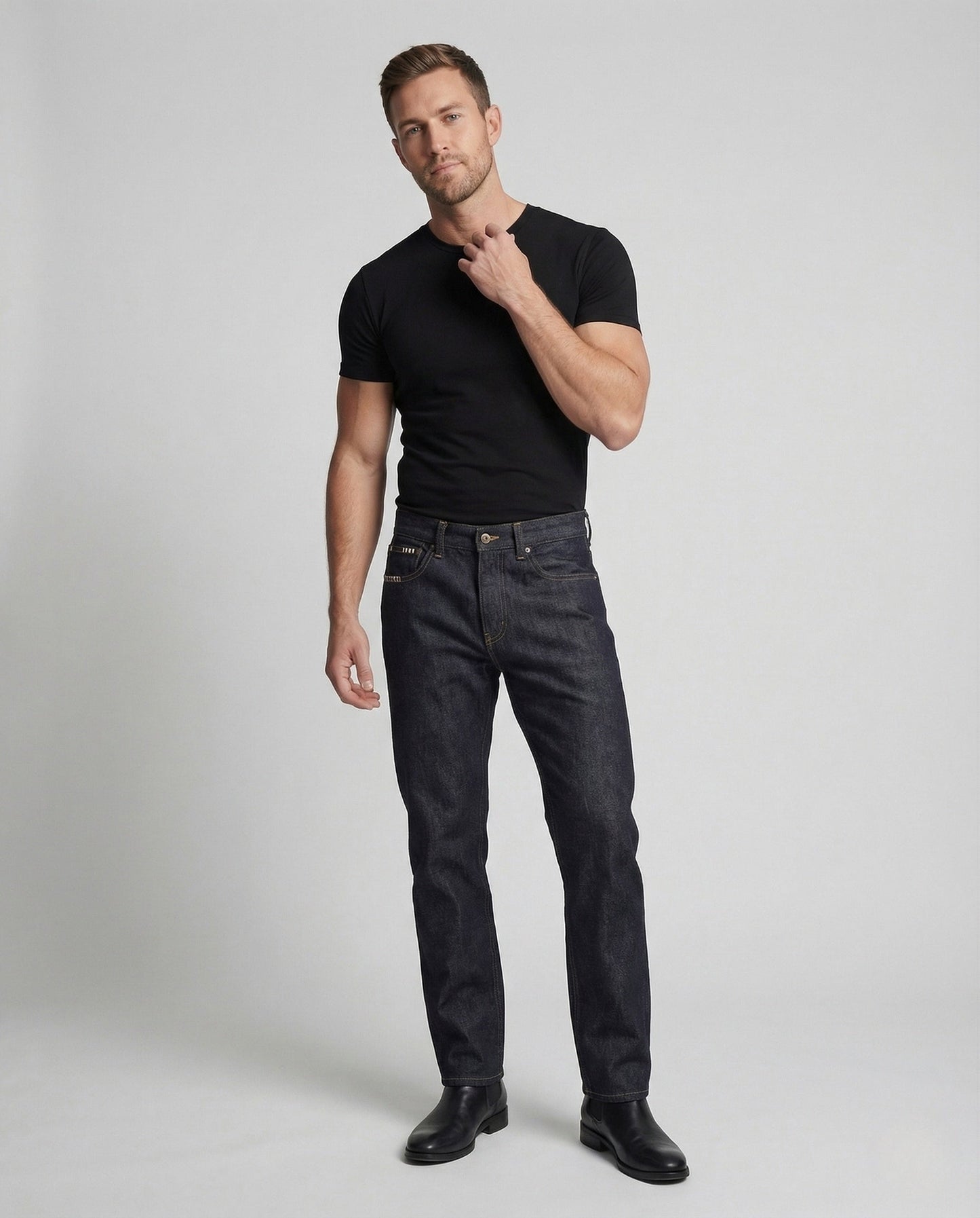 Herren High Waist Jeans Raw Denim Relaxed Fit