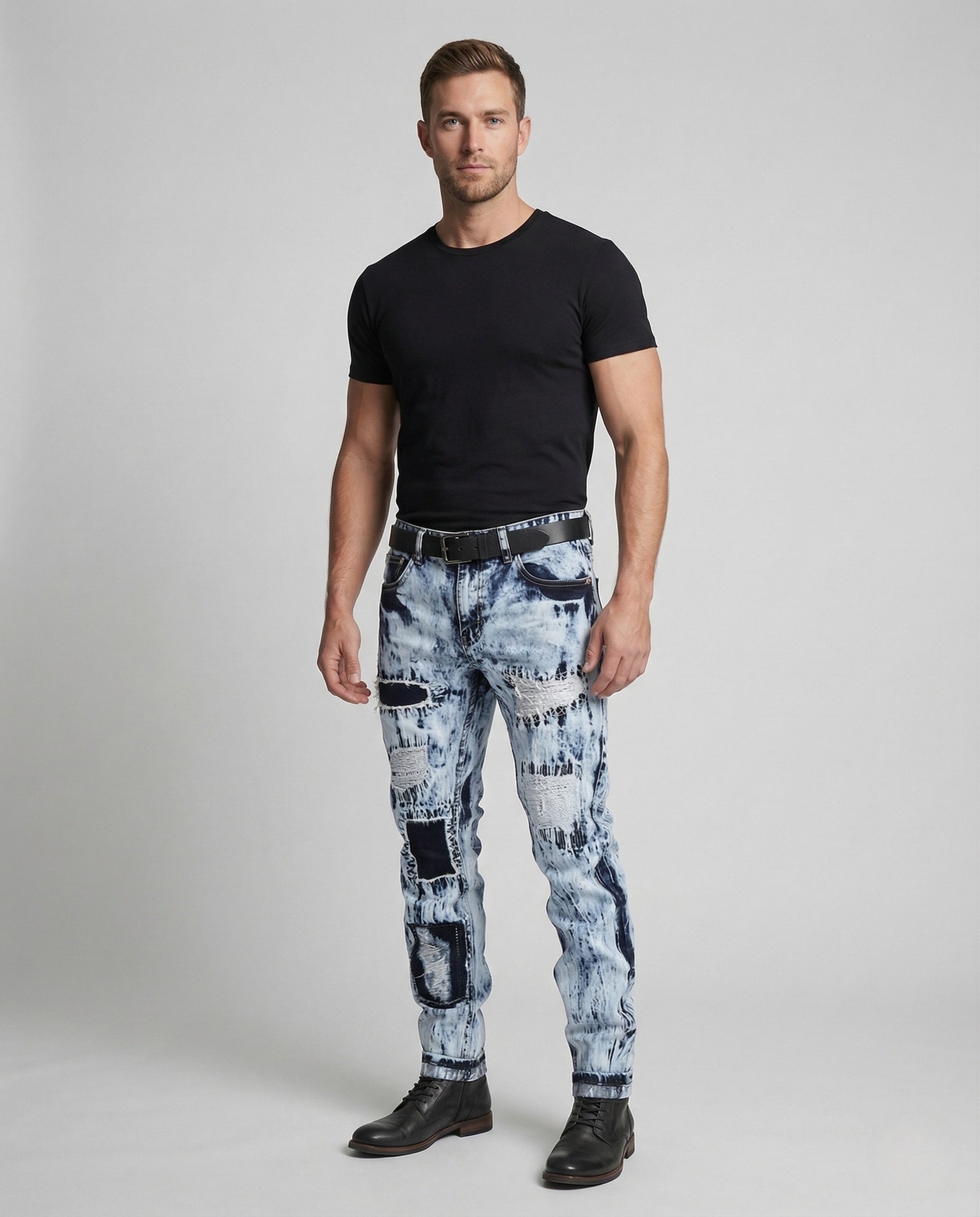 Herren Skinny Jeans Biker Denim Kniepatches Schwarz - Eveloria