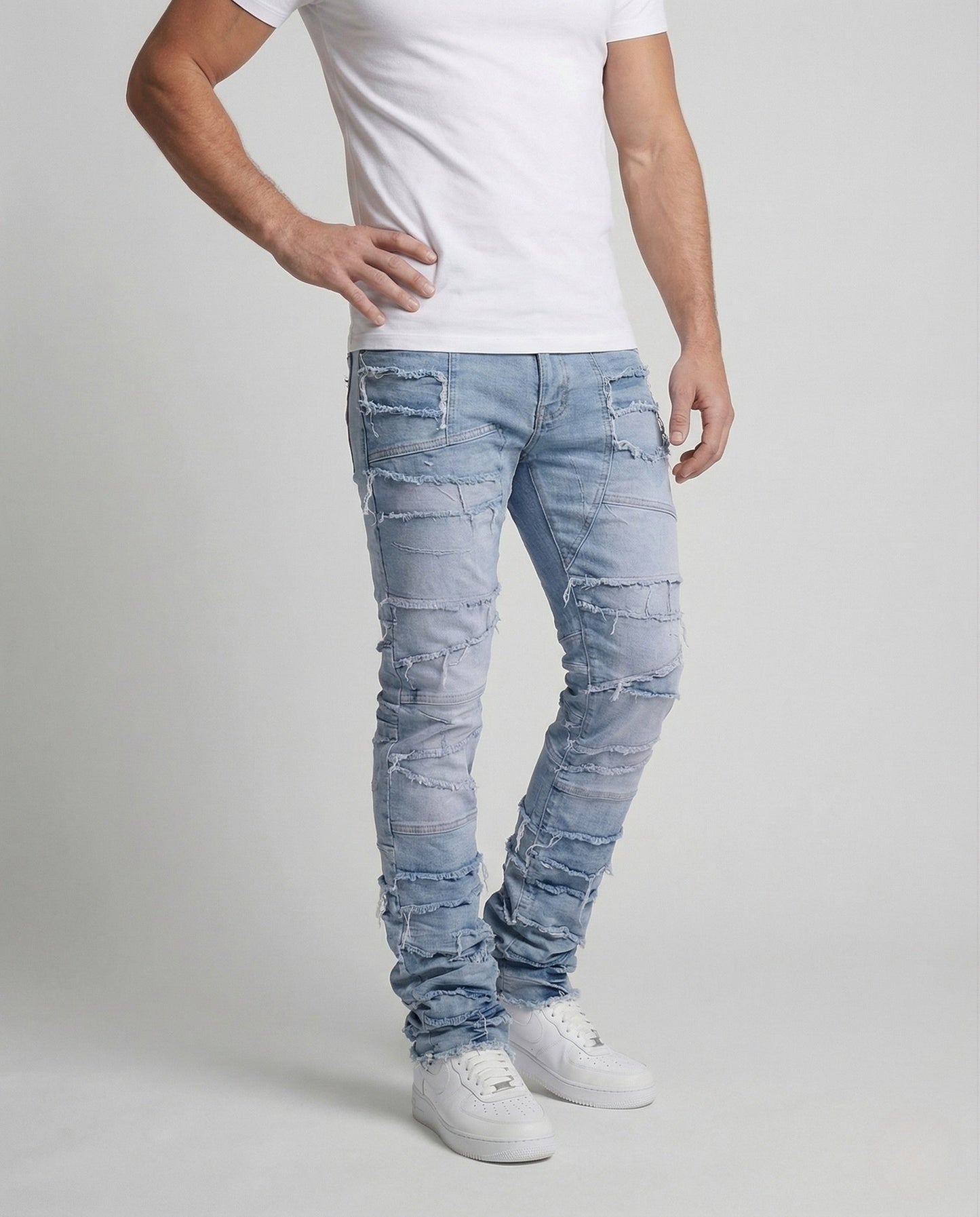 Herren Jeans Patchwork Schmale Bein Fransen Darkblue - Eveloria